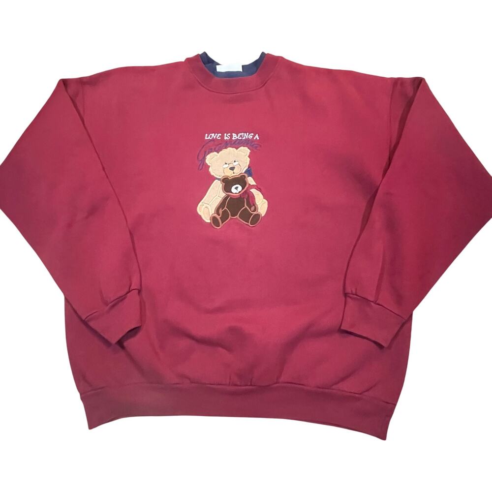 Vintage 90s Grandma Teddy Bear Sweatshirt Women XL Red Embroidered